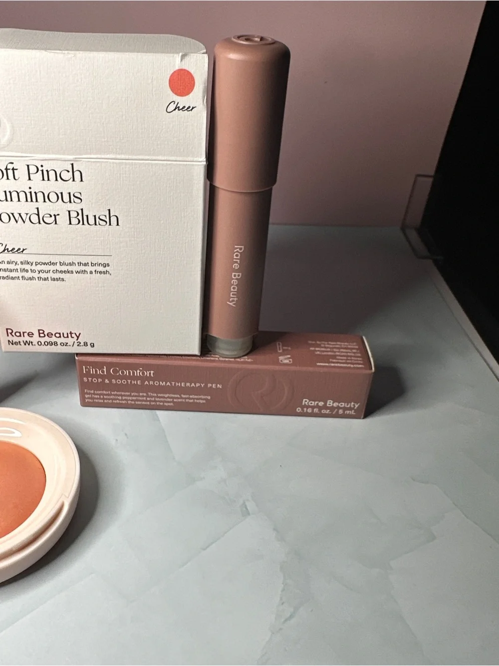 Rare Beauty Soft Pinch Luminous Powder Blush and aroma therapy pen